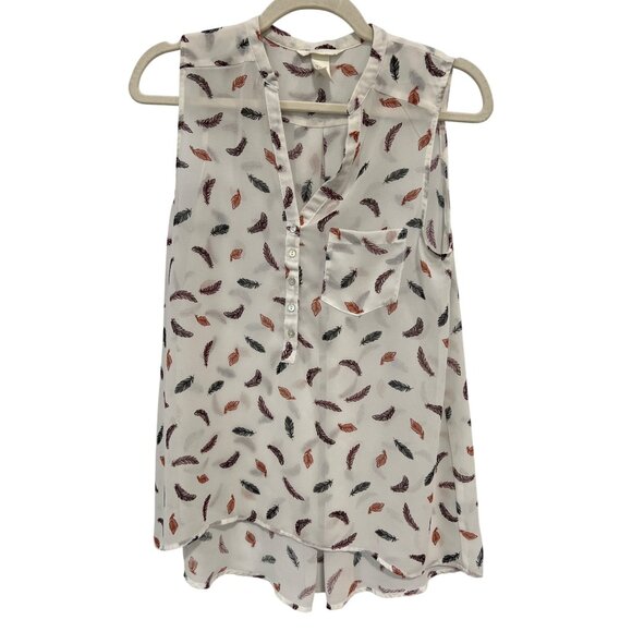 H&M Feather Print Sleeveless Blouse Size 4 V Neck Button Front White Multicolor - Picture 1 of 6